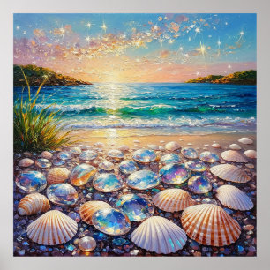 Poster Coucher de soleil sur l'océan avec des coquillages
