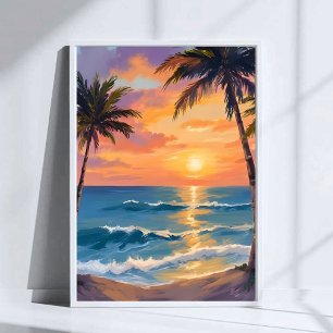 Poster Coucher de soleil sur l'océan tropical Palmier Aqu