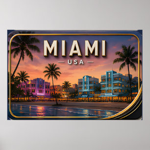 Poster Coucher de soleil sur Miami Beach et Ocean Drive