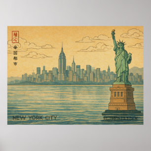 Poster Coucher de soleil sur New York dans le style Ukiyo