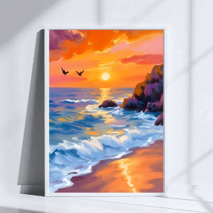 Poster Coucher de soleil sur Orange Beach Peinture côti