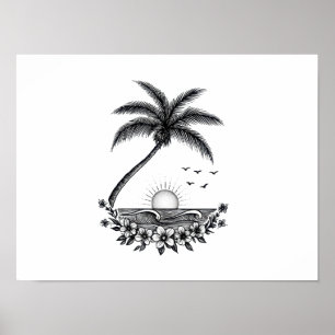 Poster Coucher de soleil sur palmiers tropicaux – Art lin