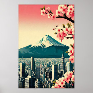 Poster Coucher de soleil sur Tokyo avec fleurs de cerisie