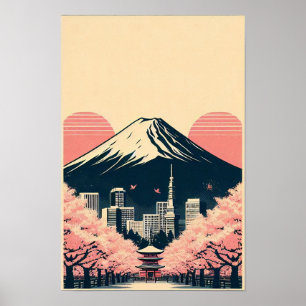 Poster Coucher de soleil sur Tokyo avec fleurs de cerisie