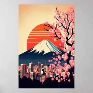Poster Coucher de soleil sur Tokyo avec fleurs de cerisie