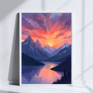 Poster Coucher de soleil sur une chaîne de montagnes   Pa