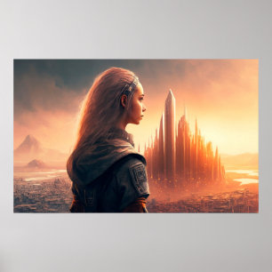 Poster Coucher de soleil sur une ville du futur