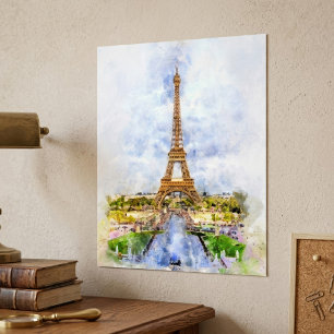 Poster Coucher de soleil Tour Eiffel Paris Aquarelle fran