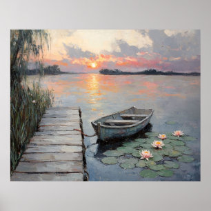 Poster Coucher de soleil tranquille sur une barque sur un