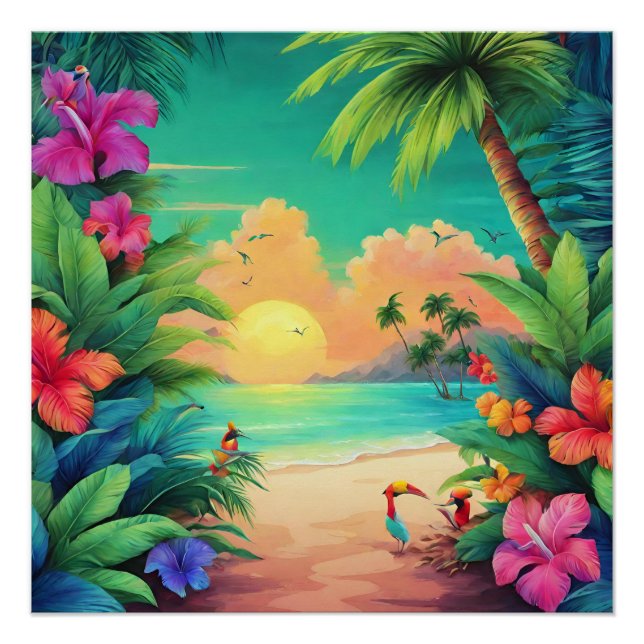 Poster Coucher de soleil tropical avec des fleurs d'Hibis (Devant)