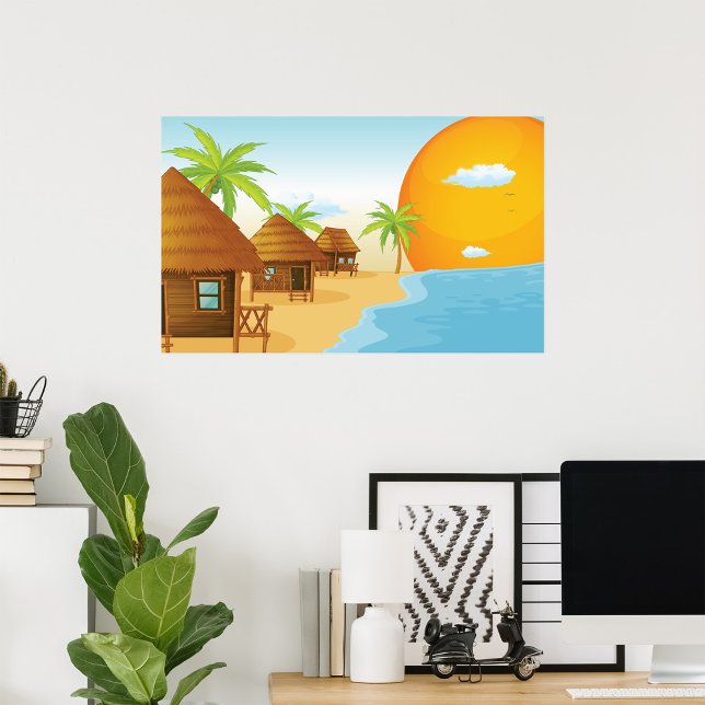 Poster Coucher de soleil tropical avec des huttes de chau (Créateur téléchargé)