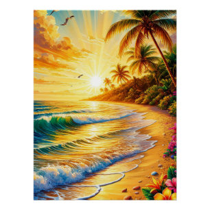 Poster Coucher De Soleil Tropical Avec Palmiers