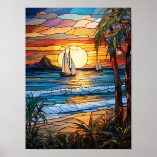 Poster Coucher de soleil tropical avec voiliers et vagues
