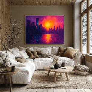 Poster Coucher de soleil urbain vibrant sur toile Fauvist