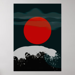 Poster Coucher de soleil vert foncé avec soleil rouge