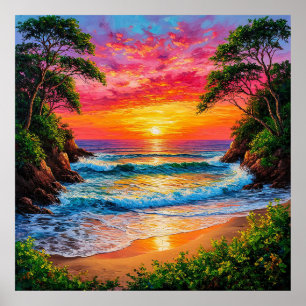 Poster Coucher de soleil vibrant sur la côte océanique