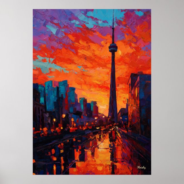 Poster Coucher de soleil vibrant sur la skyline néo-expre (Devant)