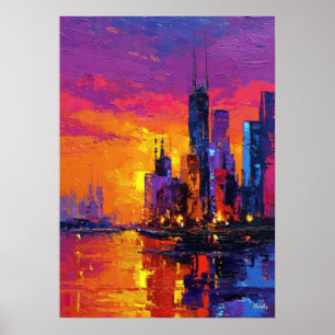 Poster Coucher de soleil vibrant sur la skyline néo-expre