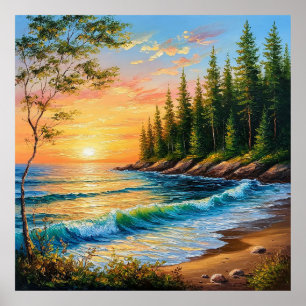 Poster Coucher de soleil vibrant sur les vagues de l'océa