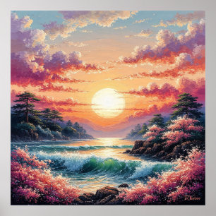 Poster Coucher de soleil vibrant sur les vagues de l'océa