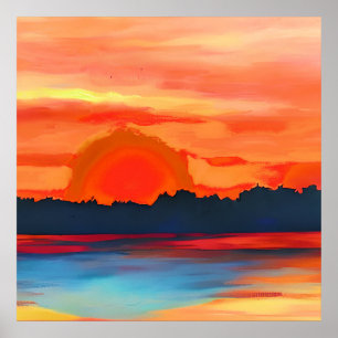 Poster Coucher de soleil vif sur l'océan dans l'orange vi