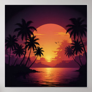 Poster Coucher de soleil vintage rétro avec palmiers
