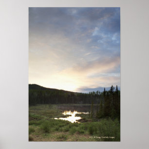 Poster Coucher du soleil au-dessus d'un étang brumeux