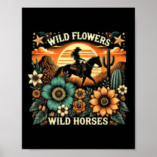 Poster Coucher du soleil fille équitation Cheval Fleurs s
