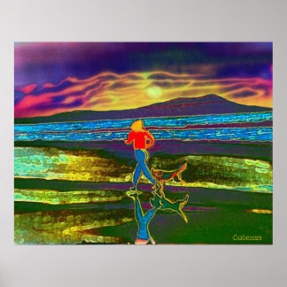 Poster Coucher du soleil Jog avec un chien...