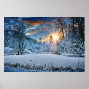 Poster Coucher du soleil sur le lac de la forêt d'hiver