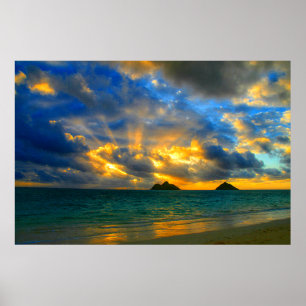 Poster Coucher du soleil tropical hawaïen d'or de plage