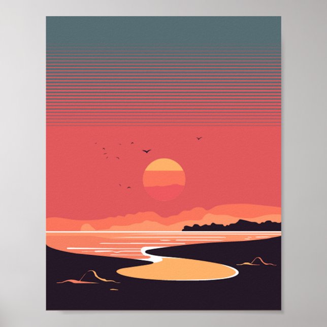 Poster Coucher le soleil dans le style rétro de la côte (Devant)