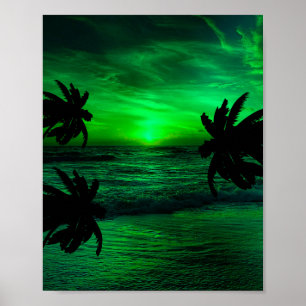 POSTER COUCHERS DE SOLEIL VERTS PAYSAGE OCÉANIQUE