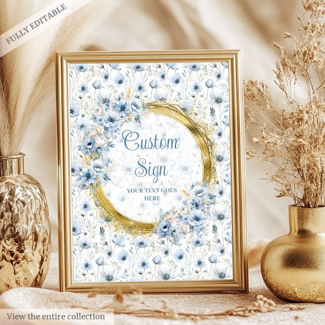Poster Couleur bleu azur mignonne fleurs or personnalisé (Cute dusty blue watercolor flowers gold custom Poster)