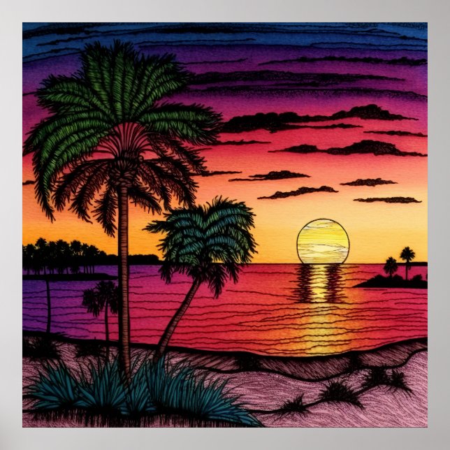 Poster Couleur crayon d'un coucher de soleil étonnant (Devant)