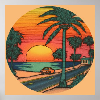 Poster Couleur crayon d'un coucher de soleil rond de plag