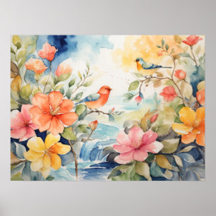 Poster Couleur de l'eau avec oiseaux et fleurs