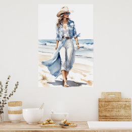 Poster Couleur d'eau blanche, blanche et Denim