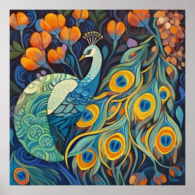 Poster Couleur d'eau bleue vive Peacock (Devant)