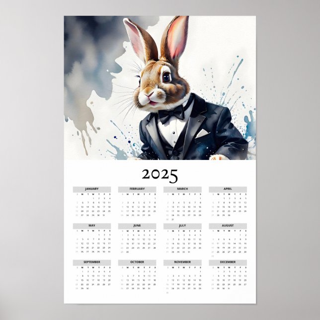 Poster Couleur d'eau Bunny portant Tuxedo 2025 Calendrier (Devant)