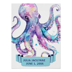 Poster COULEUR D'EAU COLORÉE OCTOPUS AVEC NOM Anniversair