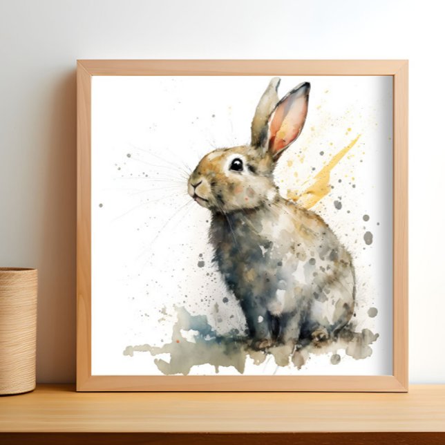 Poster Couleur d'eau douce Rabbit (A watercolor painting of a rabbit is shown in a light wood frame.)