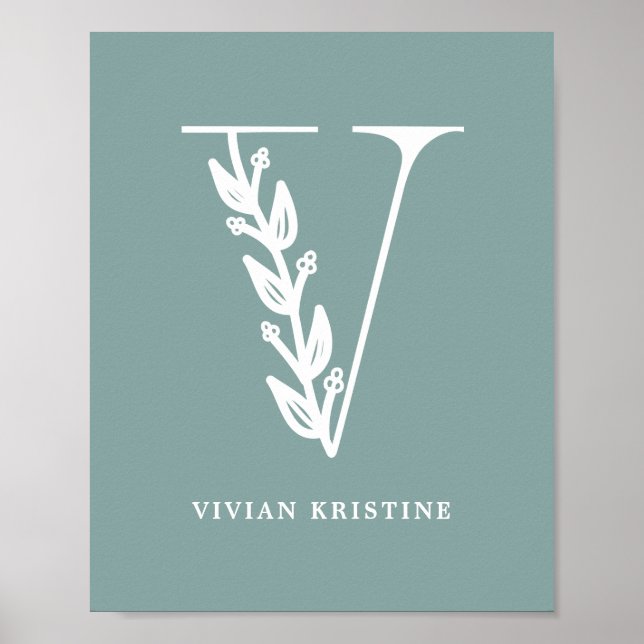 Poster Couleur personnalisée Monogramme Floral Lettre V N (Devant)