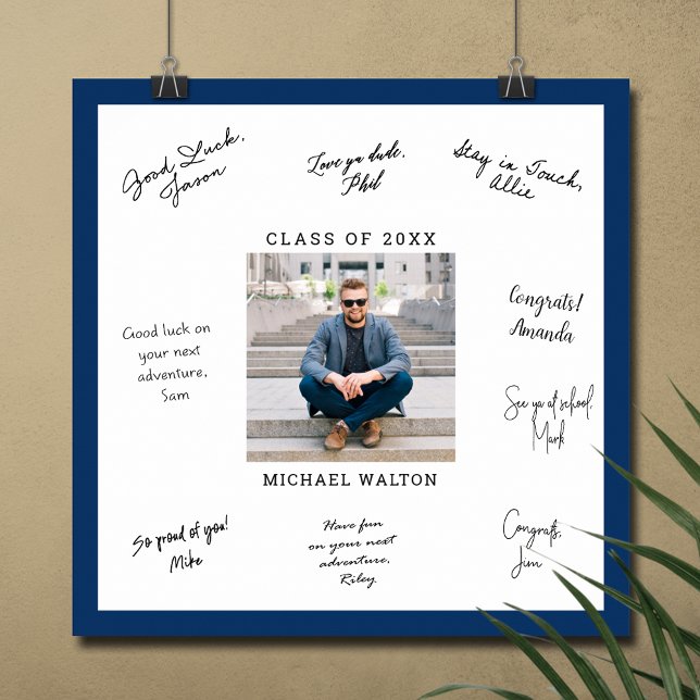Poster COULEUR PERSONNALISÉE Photo Graduation Signature M (Graduation autograph poster with your photo and navy blue border, INSTANT DOWNLOAD and/or PRINTED)