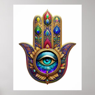 Poster Couleurs de Paon Doré Hamsa Vert Saphir Troisième 
