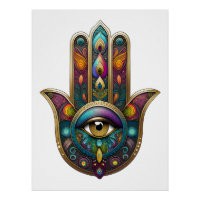 Couleurs de paon Hamsa avec Troisième Œil en or