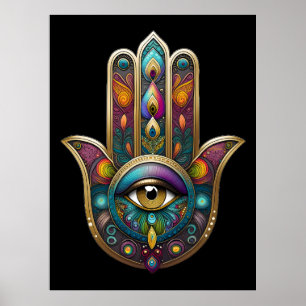 Poster Couleurs de paon Hamsa avec troisième œil en or