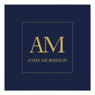 Poster Couleurs d'or bleu Monogramme Lettres initiales No