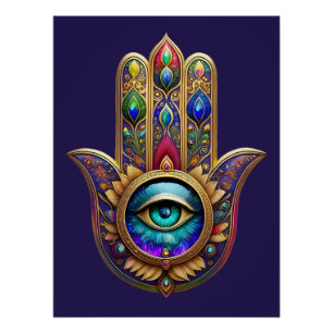 Poster Couleurs Paon Or Hamsa Vert Saphir Troisième Œil