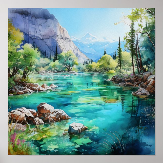 Poster Couleurs vives de la rivière Mountain Peinture aqu (Devant)